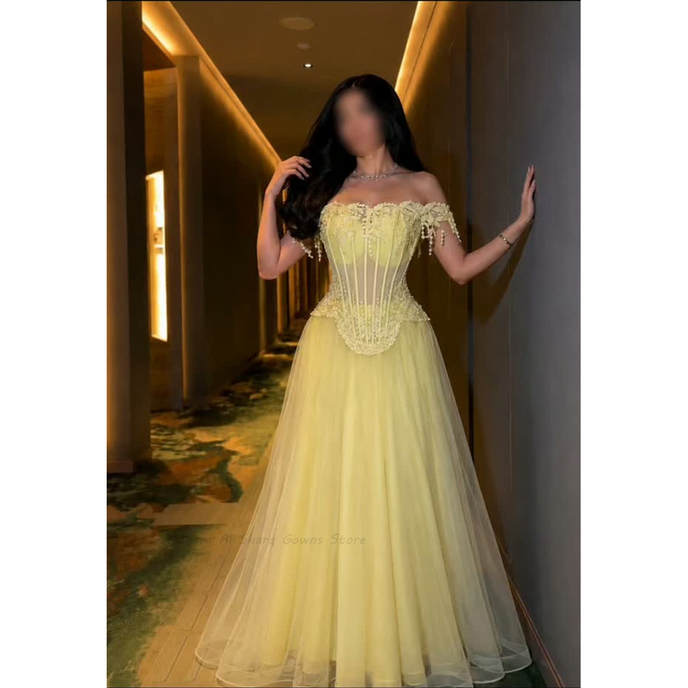 Embroidery Yellow Dress - Blassgelbe Abendkleider, schulterfreies Korsett, Tüll, Spitze,