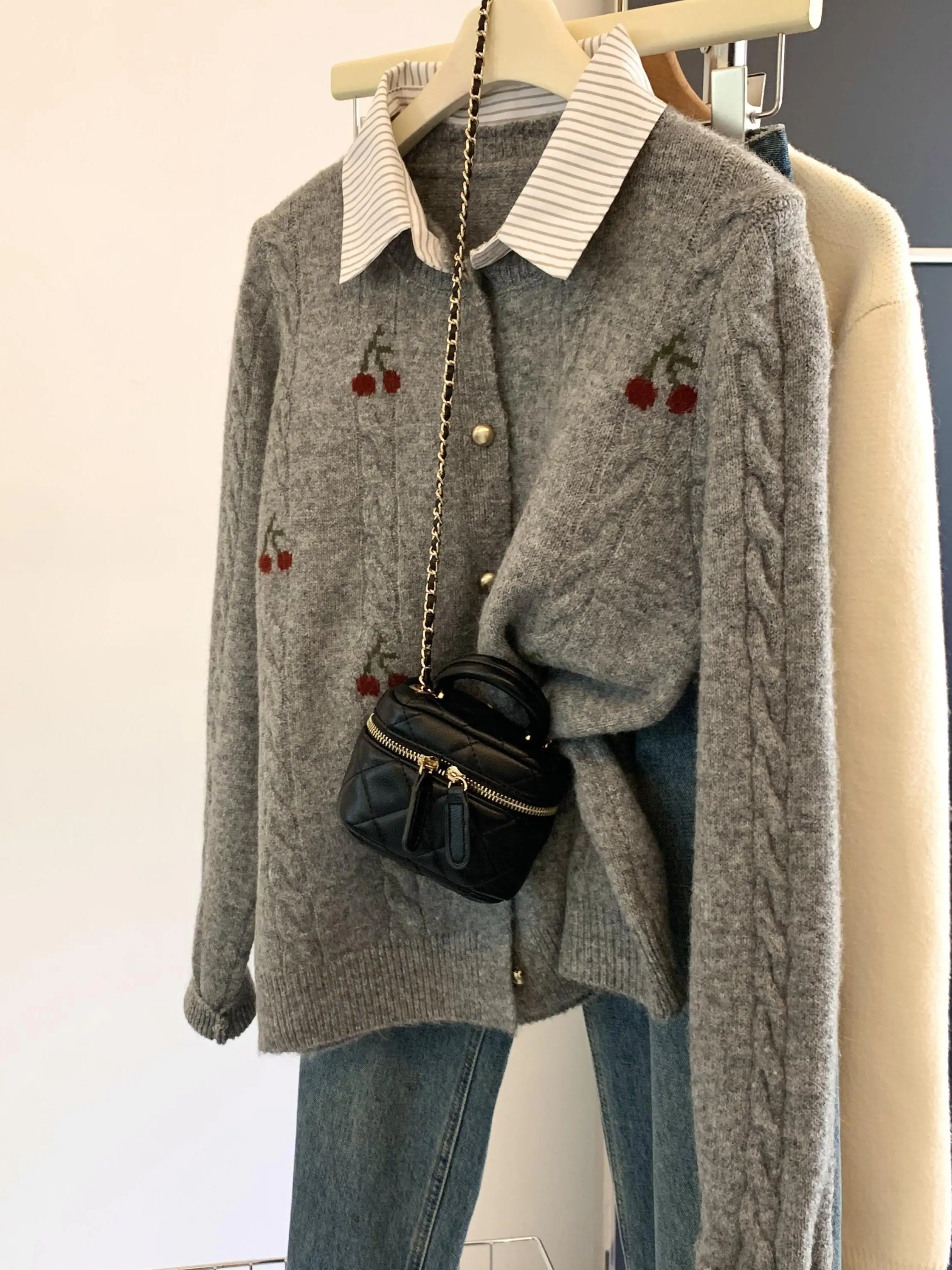 Embroidery Rose - Damen Loser Strickpullover Mantel Hemdkragen-Stil Langarm