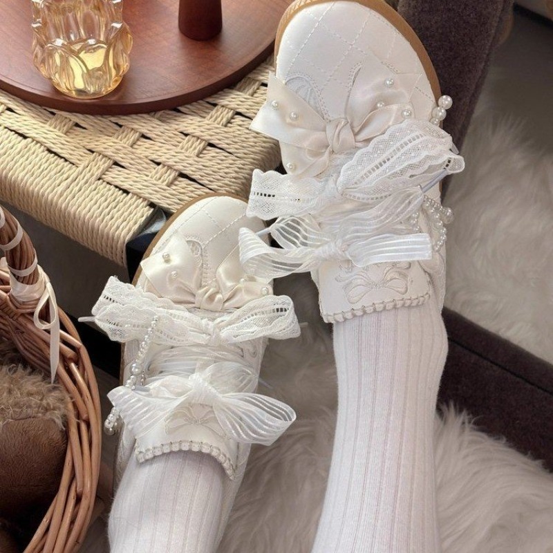 Embroidery Garments - Modische, süße Lolita-Flach-Sneakers, Perlen-Schleifen-Spitze, gestepptes Obermaterial,