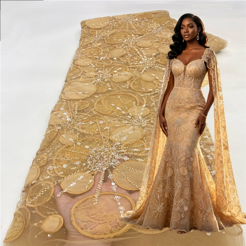 Embroidery Yellow Dress - Luxuriöser afrikanischer Pailletten-Stickstoff, gelber Spitzenstoff, 5