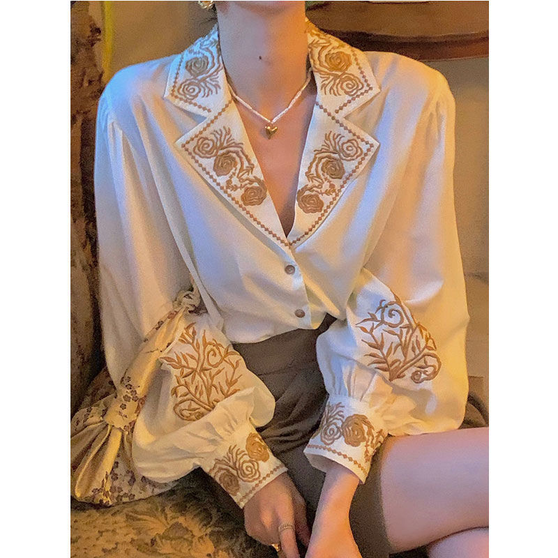 Embroidery Cotton Shirt - Bluse Frauen Gesticktes Hemd Retro Gestickte