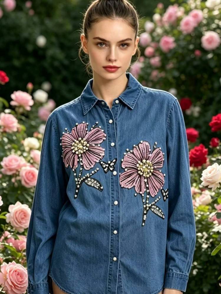 Damen Jeans-Stickerei-Blusen F – Embroidery Cotton Shirt Bewertung und Preis